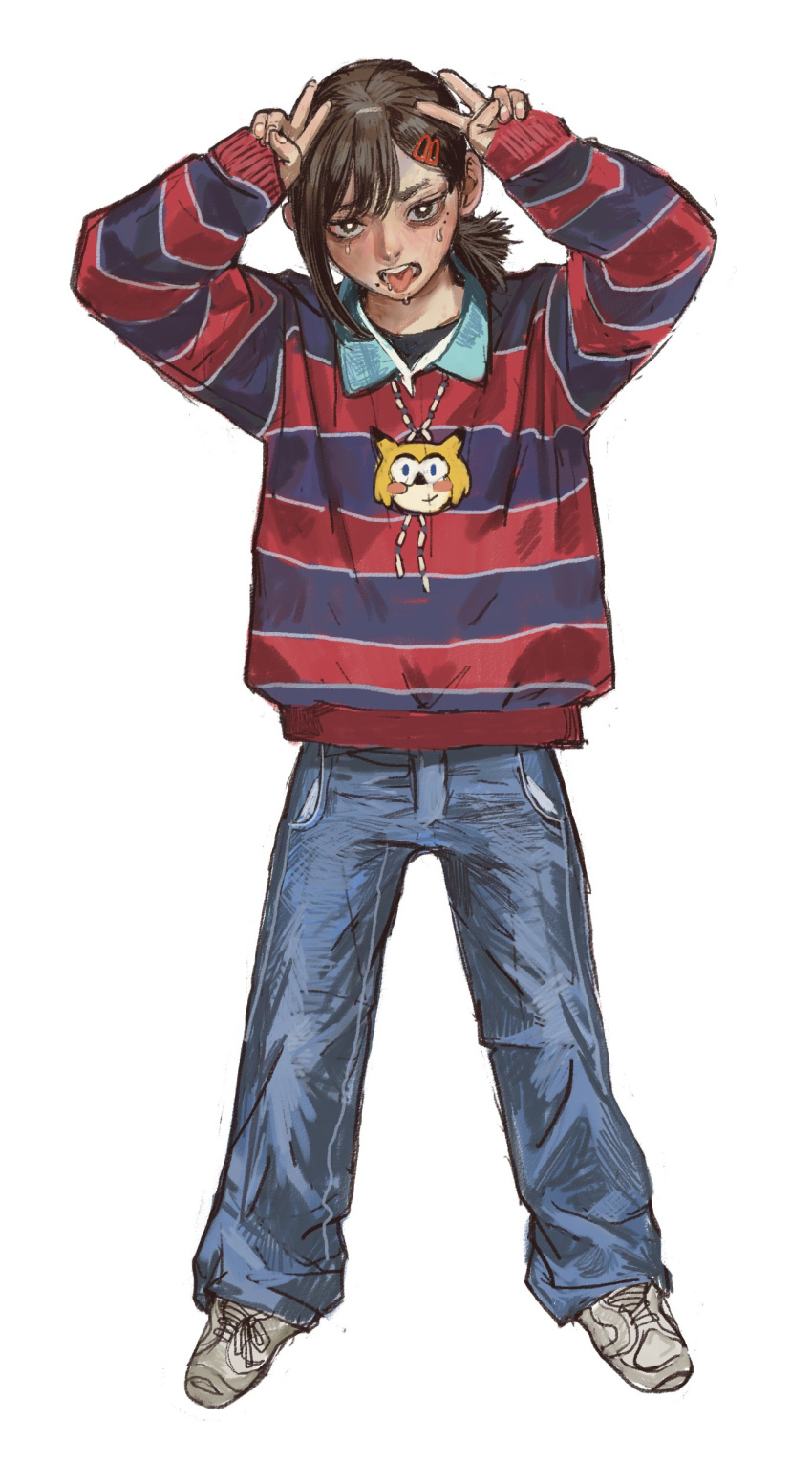 absurdres arms_up blue_pants blue_sweater brown_eyes brown_hair chainsaw_man chris-chan chris-chan_(cosplay) cosplay denim double_v female full_body hair_ornament hairclip higashiyama_kobeni highres jeans jewelry long_sleeves mole mole_under_eye mole_under_mouth mossacannibalis multiple_moles necklace pants real_life red_sweater shoes short_ponytail simple_background single_sidelock sleeves_past_wrists sneakers solo sonichu striped_clothes striped_sweater sweater tongue tongue_out two-tone_sweater v white_background white_footwear