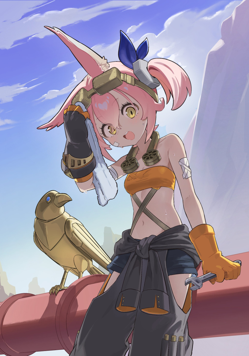 absurdres animal_ears bandaid breasts cliff cloud duel_monster female gloves highres holding holding_wrench kekek kitt_(yu-gi-oh!) mechanical_bird medium_hair midriff navel non-humanoid_robot outdoors pink_hair robot robot_animal sitting small_breasts smile solo strapless towel tri-brigade_kitt tri-brigade_mercourier tube_top twintails wiping_sweat wrench yellow_eyes yu-gi-oh!