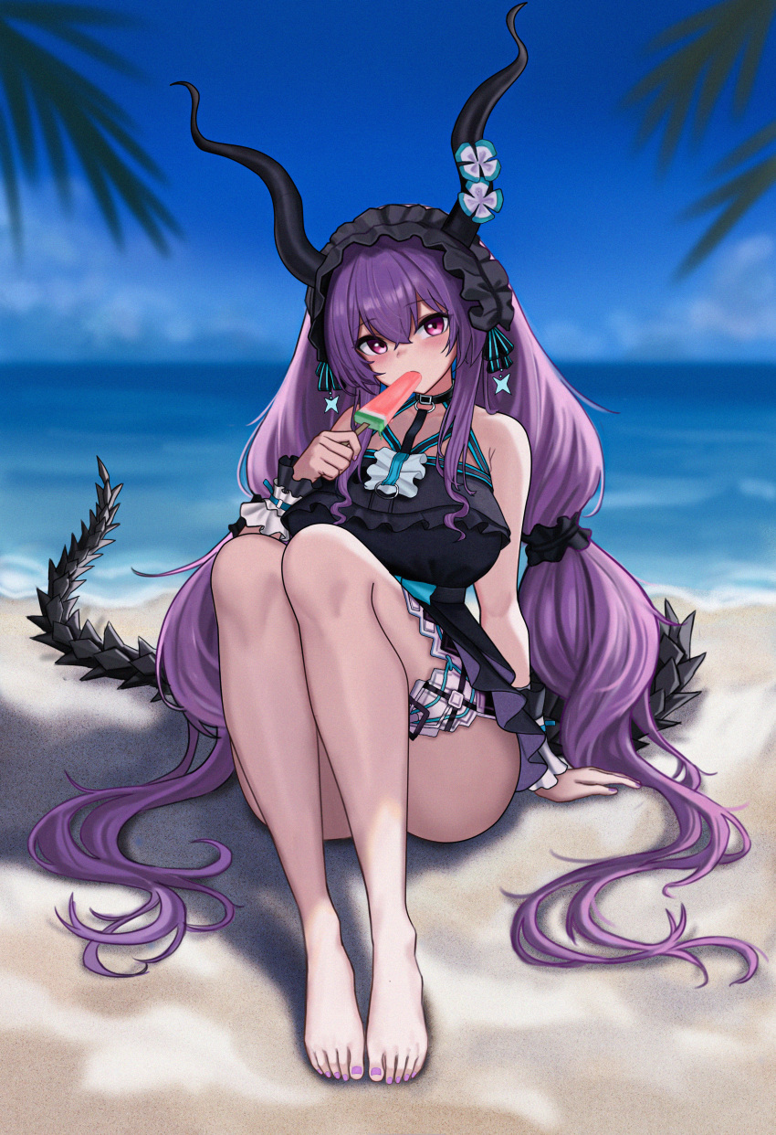 absurdres arknights bare_legs barefoot beach black_horns black_one-piece_swimsuit blurry blurry_background commentary_request day demon_tail female fingernails gaai hair_ornament highres horizon horns knees_up long_hair looking_at_viewer low_twintails nail_polish ocean official_alternate_costume one-piece_swimsuit palm_leaf pink_eyes purple_hair purple_nails sitting solo swimsuit tail twintails typhon_(arknights) typhon_(temperature_difference)_(arknights) very_long_hair