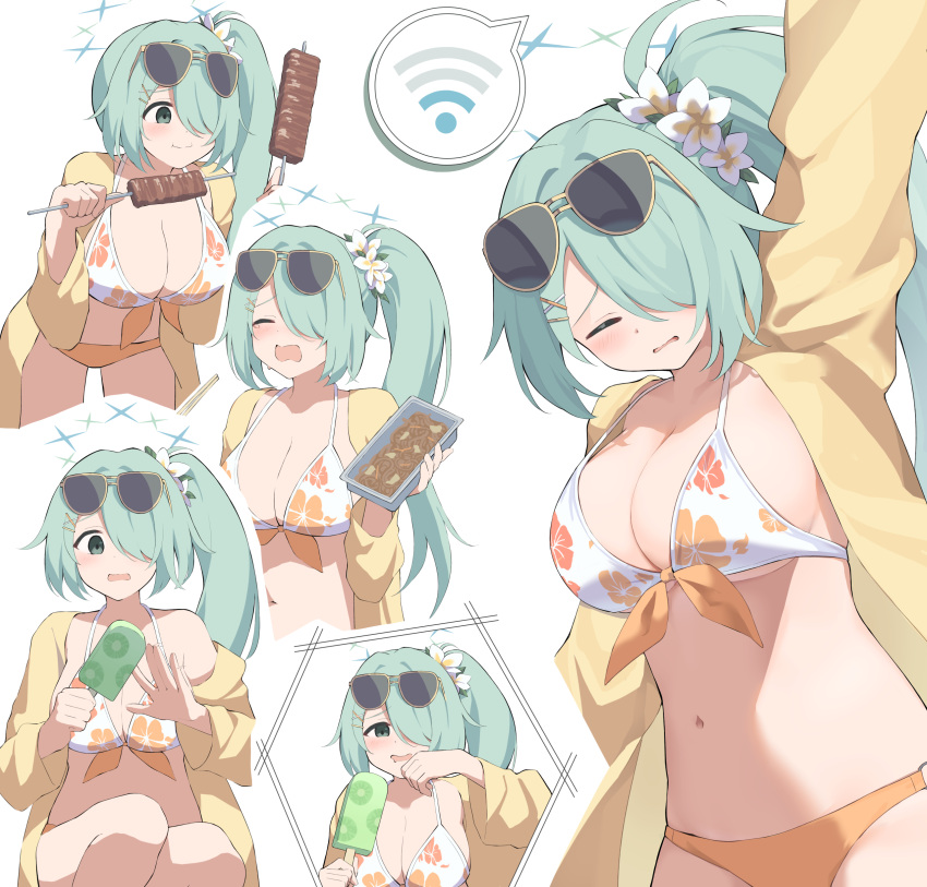 absurdres aqua_hair bikini blue_archive breasts chopsticks eating eyewear_on_head female floral_print_bikini food grey_eyes hair_over_one_eye halo highres hiyori_(blue_archive) hiyori_(swimsuit)_(blue_archive) holding holding_chopsticks holding_skewer hotarihotaru jacket large_breasts long_hair navel popsicle side_ponytail skewer sunglasses swimsuit wi-fi_symbol yellow_jacket