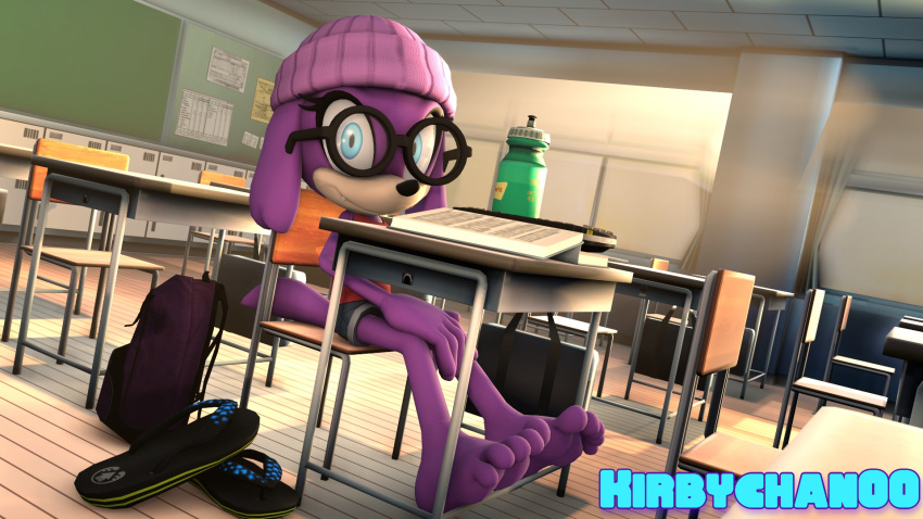 5_toes anthro ash_(kirbychan0) backpack barefoot beanie blue_bottomwear blue_clothing blue_eyes blue_shorts book bottomwear canid canine chair classroom clothing eyewear feet female furniture glasses hat headgear headwear hi_res humanoid_feet kirbychan0 looking_at_viewer mammal pink_beanie pink_clothing pink_hat pink_headwear plantigrade purple_body red_clothing red_shirt red_tank_top red_topwear sandals sandals_removed school shirt shorts sitting soles solo table tank_top toes topwear