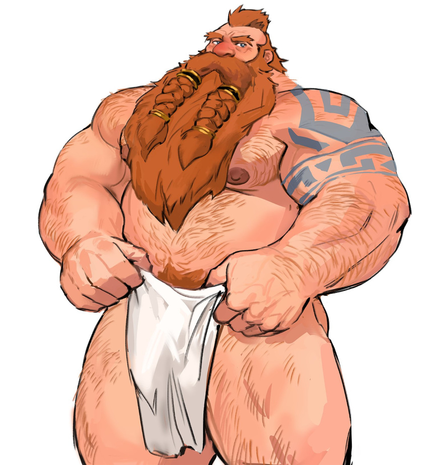 1boy bara beard beard_over_mouth belly blush braid braided_beard bulge dopey_(dopq) dulrig_(lustful_desires) dwarf facial_hair full_beard hairy highres large_hands large_pectorals long_beard looking_at_viewer lustful_desires male_focus mature_male moustache muscular muscular_male navel_hair nipples orange_hair pectorals plump solo standing strongman_waist thick_arm_hair thick_arms thick_beard thick_chest_hair thick_eyebrows thick_mustache thick_navel_hair thick_thighs thighs topless_male towel very_long_beard wrinkled_skin