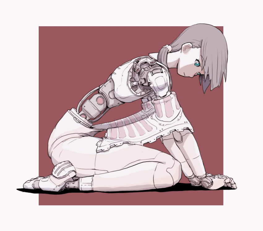 aqua_eyes barefoot border brown_hair female humanoid_robot joints long_hair original ponytail red_background robot robot_girl robot_joints simple_background sukabu white_border