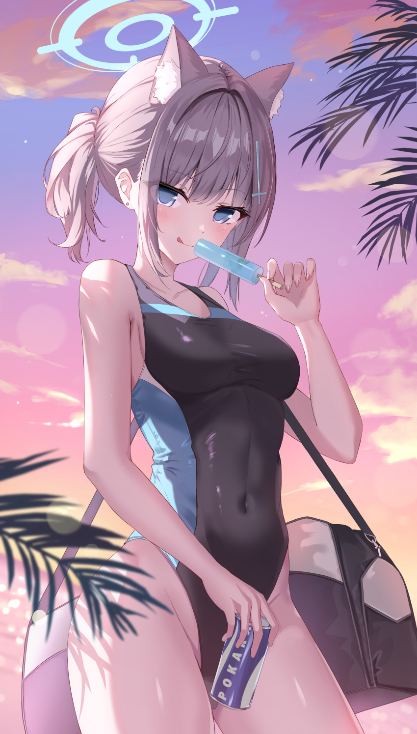 absurdres animal_ear_fluff animal_ears bag black_one-piece_swimsuit blue_archive blue_eyes breasts can competition_swimsuit contrapposto covered_navel cross_hair_ornament drink_can extra_ears female food grey_hair hair_ornament halo highleg highleg_one-piece_swimsuit highres kukeylove low_ponytail medium_breasts medium_hair mismatched_pupils multicolored_clothes multicolored_swimsuit official_alternate_costume one-piece_swimsuit popsicle shiroko_(blue_archive) shiroko_(swimsuit)_(blue_archive) soda_can solo sunset swimsuit wolf_ears