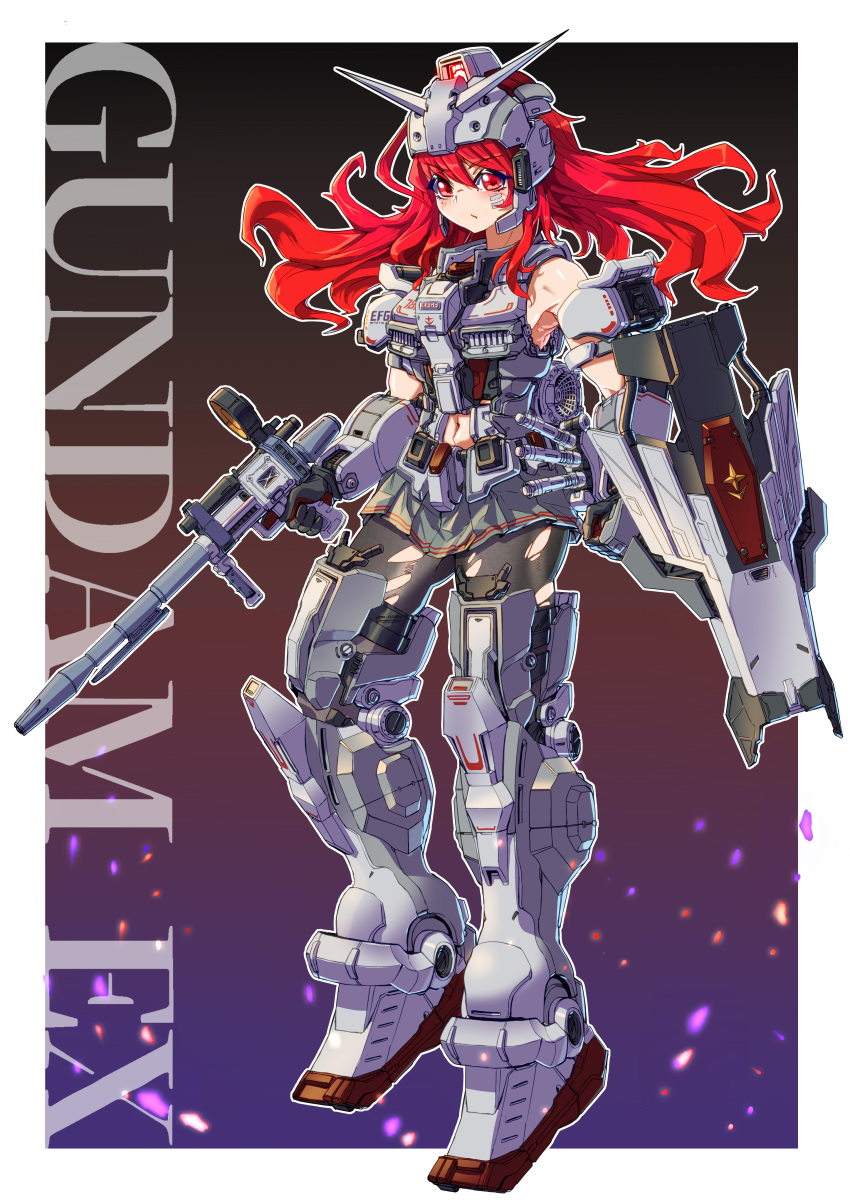 :/ absurdres ag_00000 arm_shield armor armored_boots bandaid bandaid_on_cheek bandaid_on_face beam_rifle black_gloves black_pantyhose blush boots border character_name closed_mouth commentary_request earth_federation energy_gun female floating_hair gloves gradient_background grey_skirt gun gundam gundam_ex gundam_requiem_for_vengeance hair_between_eyes helmet highres holding holding_gun holding_weapon humanization long_hair looking_at_viewer mecha_musume miniskirt navel outside_border pantyhose pleated_skirt red_eyes red_hair skirt solo torn_clothes torn_pantyhose trigger_discipline v-fin weapon white_border