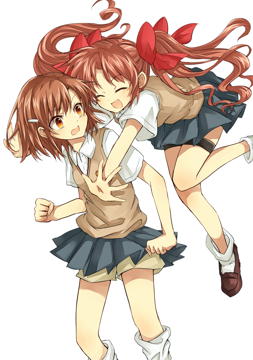 2girls absurdres ankle_socks brown_eyes brown_hair commentary_request highres hug kneehighs loafers long_hair loose_socks misaka_mikoto multiple_girls school_uniform serafuku shirai_kuroko shoes short_hair shorts shorts_under_skirt skirt socks summer_uniform sweater_vest tm-pika toaru_kagaku_no_railgun toaru_majutsu_no_index tokiwadai_school_uniform twintails uniform