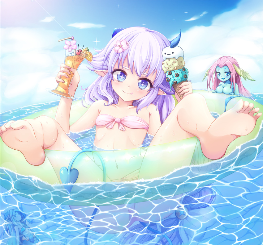 3girls afloat barefoot c-rabbit chilling_hedgehog_(elsword) cloud collarbone commentary_request day demon_girl demon_horns demon_tail drink elsword flower food hair_flower hair_ornament horns ice_cream ice_cream_cone innertube iz_(elsword) laguz_(elsword) licking_lips luciela_r._sourcream multiple_girls navel sky sparkle star-shaped_pupils star_(symbol) sunlight swim_ring swimsuit symbol-shaped_pupils tail tongue tongue_out water