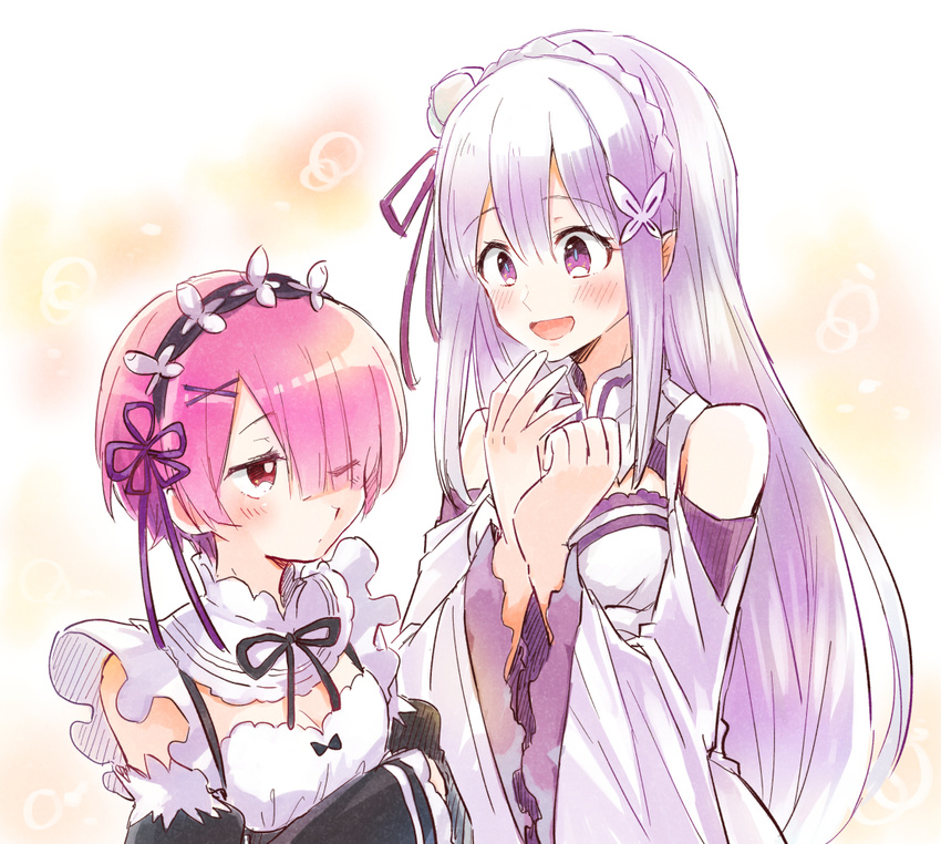 2girls :d bare_shoulders blush braid breasts cleavage commentary_request crown_braid detached_sleeves dress elf emilia_(re:zero) eyes_visible_through_hair flower frills gaa_(butsugen) grey_hair hair_flower hair_ornament hair_over_one_eye hair_ribbon long_hair looking_at_another maid maid_headdress multiple_girls one_eye_closed open_mouth pink_hair pointy_ears purple_eyes ram_(re:zero) re:zero_kara_hajimeru_isekai_seikatsu red_eyes ribbon roswaal_mansion_maid_uniform short_hair small_breasts smile upper_body x_hair_ornament