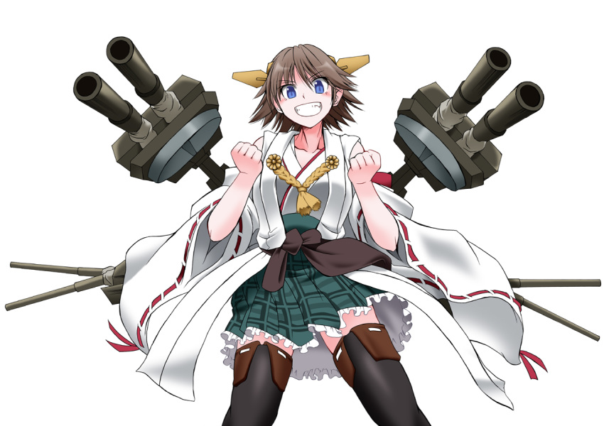 :d angeldust bare_shoulders blush boots brown_hair clenched_hands commentary_request detached_sleeves female hiei_(kancolle) kantai_collection no_legwear nontraditional_miko open_mouth plaid plaid_skirt rigging short_hair skirt smile solo thigh_boots thighhighs turret white_background wide_sleeves