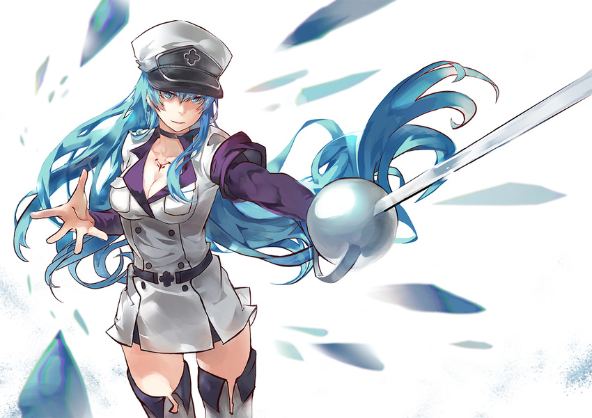 akame_ga_kill! blue_eyes blue_hair breasts chaun cleavage commentary_request esdeath female hat long_hair medium_breasts military military_uniform photoshop_(medium) solo sword uniform weapon