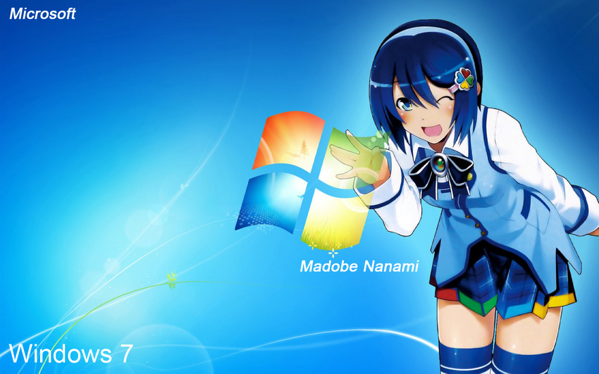 7 7-tan anthropomorphization blue_eyes blue_hair funny_face madobe_nanami megane microsoft school_uniform short_hair smile wallpaper windows windows_7