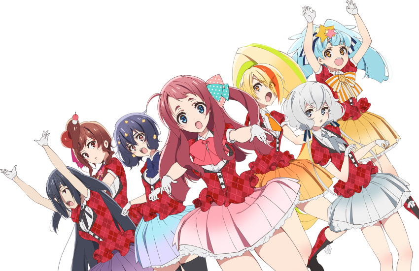 6+girls ahoge black_hair blonde_hair blue_eyes blue_hair brown_eyes brown_hair costume dango_hair_ornament eyes_visible_through_hair flower food-themed_hair_ornament fukagawa_kazumi grey_eyes grey_hair hair_flower hair_ornament hair_over_one_eye hair_ribbon heart heart_hair highres hoshikawa_lily idol konno_junko light_blue_hair light_green_hair long_hair minamoto_sakura mizuno_ai multicolored_hair multiple_girls nikaidou_saki official_art orange_eyes orange_hair outstretched_arms red_eyes ribbon short_eyebrows short_hair streaked_hair thighs tied_hair transparent_background two-tone_hair yamada_tae yuugiri_(zombie_land_saga) zombie_land_saga zombie_pose