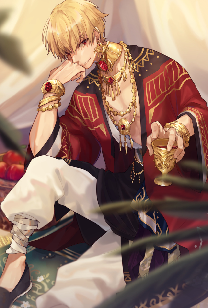 1boy alcohol apple bandages basket black_footwear blonde_hair blurry bracelet carpet chalice closed_mouth commentary_request cup curtains depth_of_field earrings fate/extella fate/extra fate/stay_night fate_(series) fingernails flower food fruit gem gilgamesh_(fate) gilgamesh_(sumerian_garb)_(fate) hair_between_eyes hand_on_own_face hand_up head_rest highres hino_hinako holding holding_cup jewelry knee_up layered_clothes leaf long_sleeves looking_at_viewer male_focus multicolored_clothes necklace official_alternate_costume open_clothes open_robe pants pectorals print_robe puffy_pants red_eyes red_gemstone red_robe robe shoes short_hair sitting smile solo white_pants wide_sleeves wine