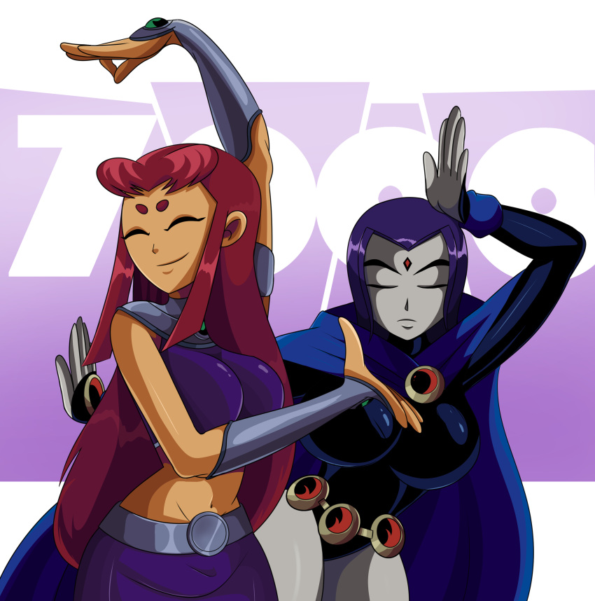 2girls big_breasts clothing dancing dc dc_comics eizouken_ni_wa_te_wo_dasu_na! female female_only fully_clothed hi_res keep_your_hands_off_eizouken posing purple_hair rachel_roth raven_(dc) red_hair sonson-sensei starfire straight_hair teen_titans