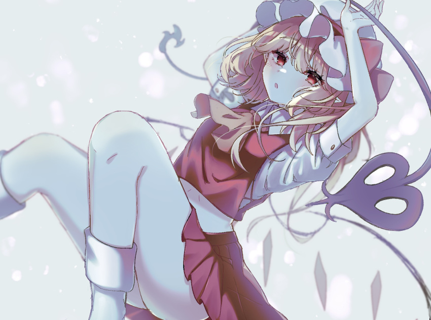 ascot bare_legs blonde_hair convenient_leg female flandre_scarlet hand_up hat hat_ribbon highres hisu_(hisu_) laevatein_(touhou) midriff mob_cap parted_lips red_eyes red_ribbon red_skirt ribbon side_ponytail simple_background skirt solo touhou white_background white_hat yellow_ascot