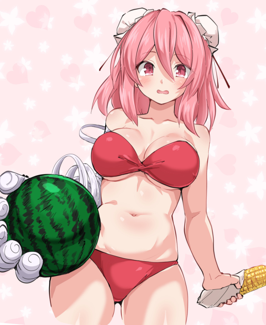 bandaged_arm bandages bikini breasts bun_cover cleavage commentary corn cowboy_shot double_bun female food fruit hair_bun highres holding holding_food huyusilver ibaraki_kasen large_breasts medium_hair navel pink_background pink_eyes pink_hair red_bikini short_hair solo starry_background swimsuit touhou watermelon