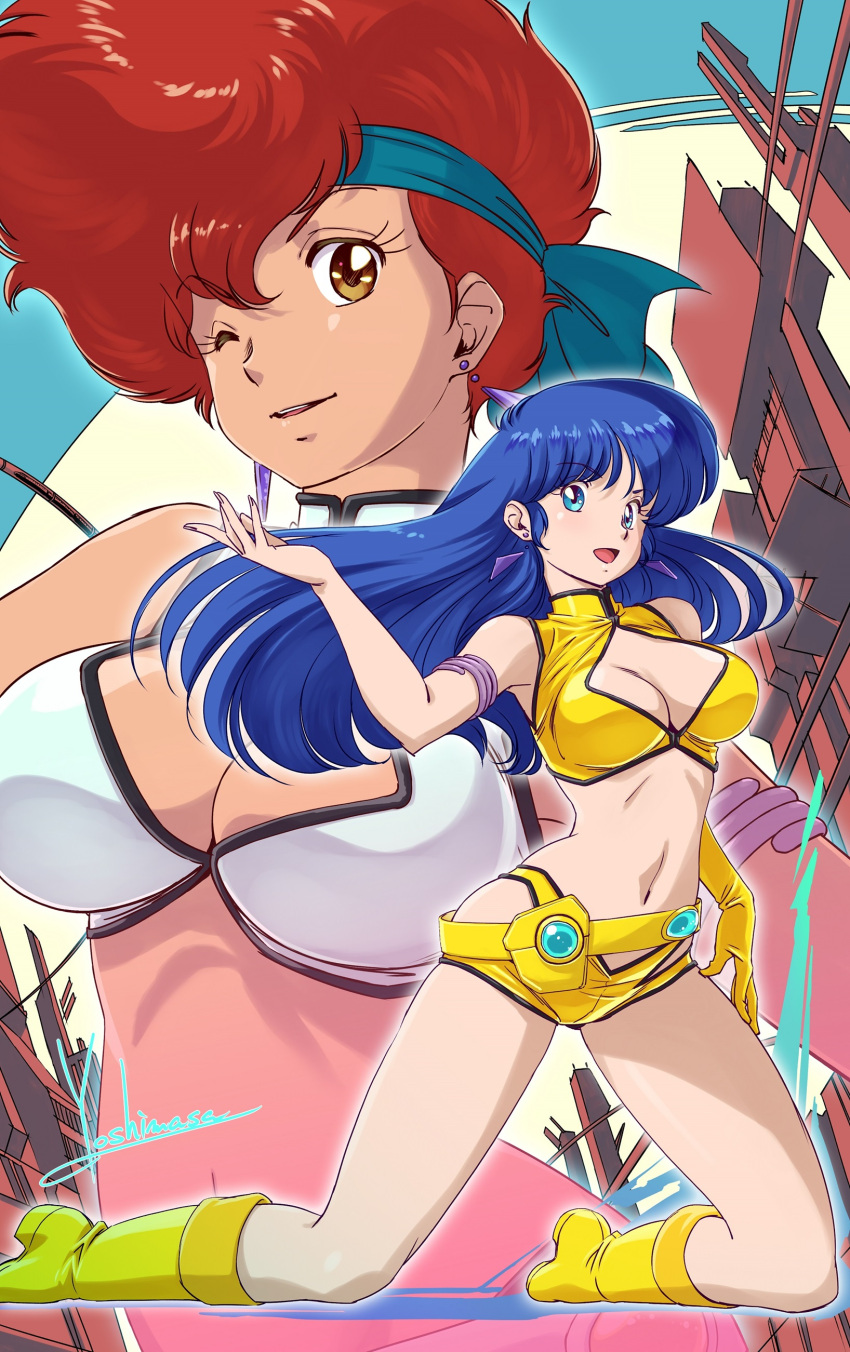 1980s_(style) 2girls absurdres bare_shoulders blue_eyes blue_hair boots breasts brown_hair cleavage crop_top dark_skin dirty_pair earrings headband highres huge_breasts jewelry kei_(dirty_pair) large_breasts long_hair looking_at_viewer midriff multiple_girls navel one_eye_closed open_mouth red_hair retro_artstyle short_hair smile yoshinaga_masahiro yuri_(dirty_pair)