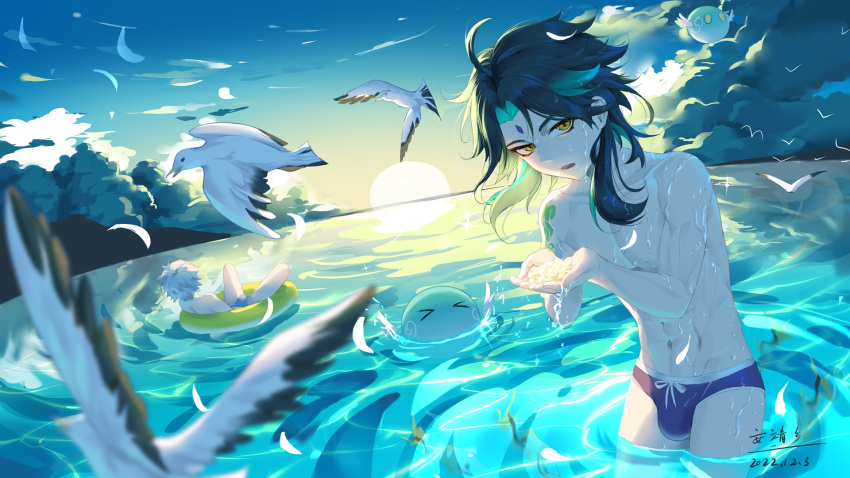 2boys anjingxiang aqua_hair arm_tattoo beach bird black_hair blue_male_swimwear bulge chongyun_(genshin_impact) facial_mark forehead_mark genshin_impact highres male_focus male_swimwear multicolored_hair multiple_boys muscular muscular_male navel ocean open_mouth slime_(substance) stomach tattoo topless_male water xiao_(genshin_impact) yellow_eyes