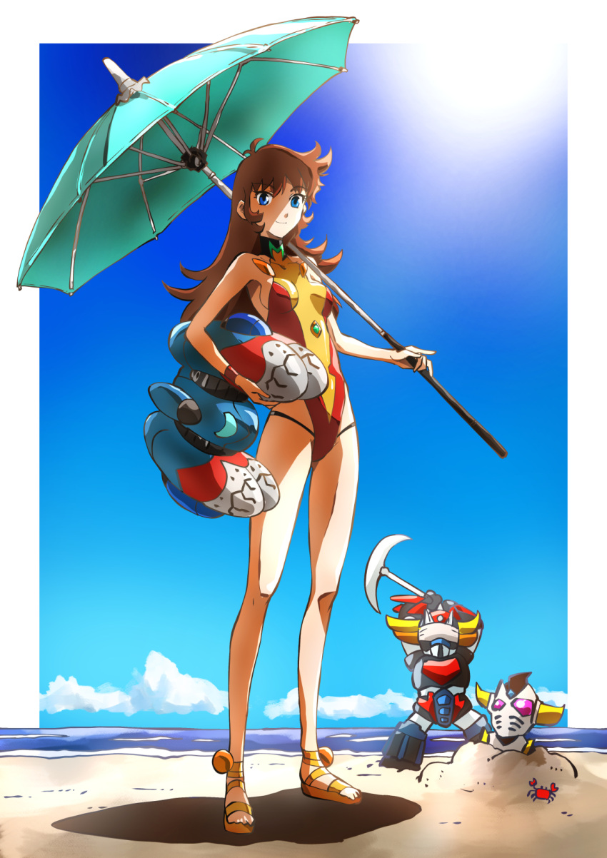 beach beach_umbrella blue_eyes blue_sky breasts brown_hair cloud day female grendizer grendizer_u highres holding holding_weapon horns long_hair looking_at_viewer maria_grace_fleed mazinger_(series) mecha ocean one-piece_swimsuit outdoors robot sand sky smile super_robot swimsuit taiga_hiroyuki ufo_robo_grendizer umbrella water weapon