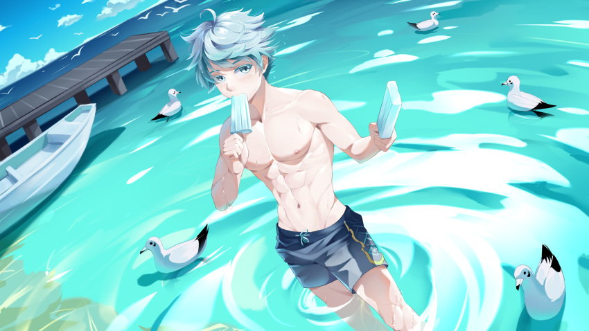 1boy abs absurdres anjingxiang aqua_hair beach bird black_male_swimwear blue_eyes blue_hair boat chongyun_(genshin_impact) food genshin_impact hair_between_eyes highres holding holding_food holding_popsicle light_blue_hair looking_at_viewer male_focus male_swimwear muscular muscular_male navel nipples ocean popsicle short_hair solo stomach topless_male watercraft