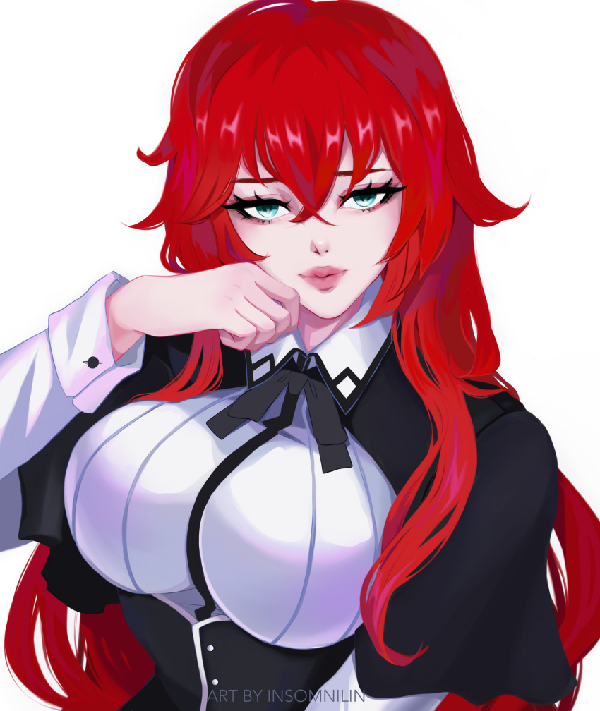 artist_name black_jacket black_ribbon blue_eyes breasts collared_shirt female hair_between_eyes high_school_dxd highres insomnilin jacket large_breasts long_hair looking_at_viewer pink_lips red_hair rias_gremory ribbon shirt simple_background solo upper_body very_long_hair white_background