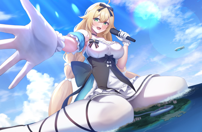 absurdres ahoge aircraft azur_lane black_choker black_ribbon blonde_hair blue_sky breasts choker cloud commission dirigible female giant giantess gloves green_eyes hair_ribbon highres holding holding_microphone large_breasts le_temeraire_(azur_lane) le_temeraire_(muse)_(azur_lane) long_hair looking_at_viewer microphone numaguro_(tomokun0808) official_alternate_costume open_mouth outdoors pantyhose ribbon sitting skeb_commission sky smile solo wariza white_gloves white_pantyhose