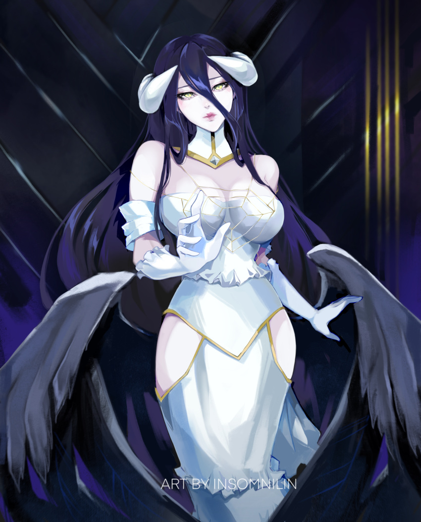 absurdres albedo_(overlord) artist_name black_hair breasts bright_pupils dress english_commentary female gloves hair_between_eyes highres hip_vent horns insomnilin light_frown long_hair looking_at_viewer low_wings medium_breasts open_hands overlord_(maruyama) solo strapless strapless_dress very_long_hair white_dress white_gloves white_pupils wings yellow_eyes