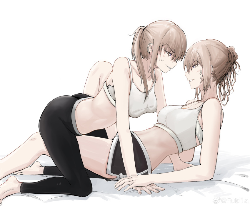 2girls absurdres anger_vein ass barefoot black_pants bra breasts chinese_commentary commentary_request dolphin_shorts feet foot_out_of_frame full_body girls'_frontline highres light_brown_hair light_smile looking_at_viewer medium_breasts medium_hair multiple_girls official_alternate_costume pants parted_lips ponytail ruki1a scar-h_(girls'_frontline) scar-l_(a_peaceful_afternoon_with_the_dogs)_(girls'_frontline) scar-l_(girls'_frontline) shorts siblings simple_background sisters smile sweatdrop tight_clothes tight_pants toes underwear weibo_logo weibo_watermark white_background white_bra yuri