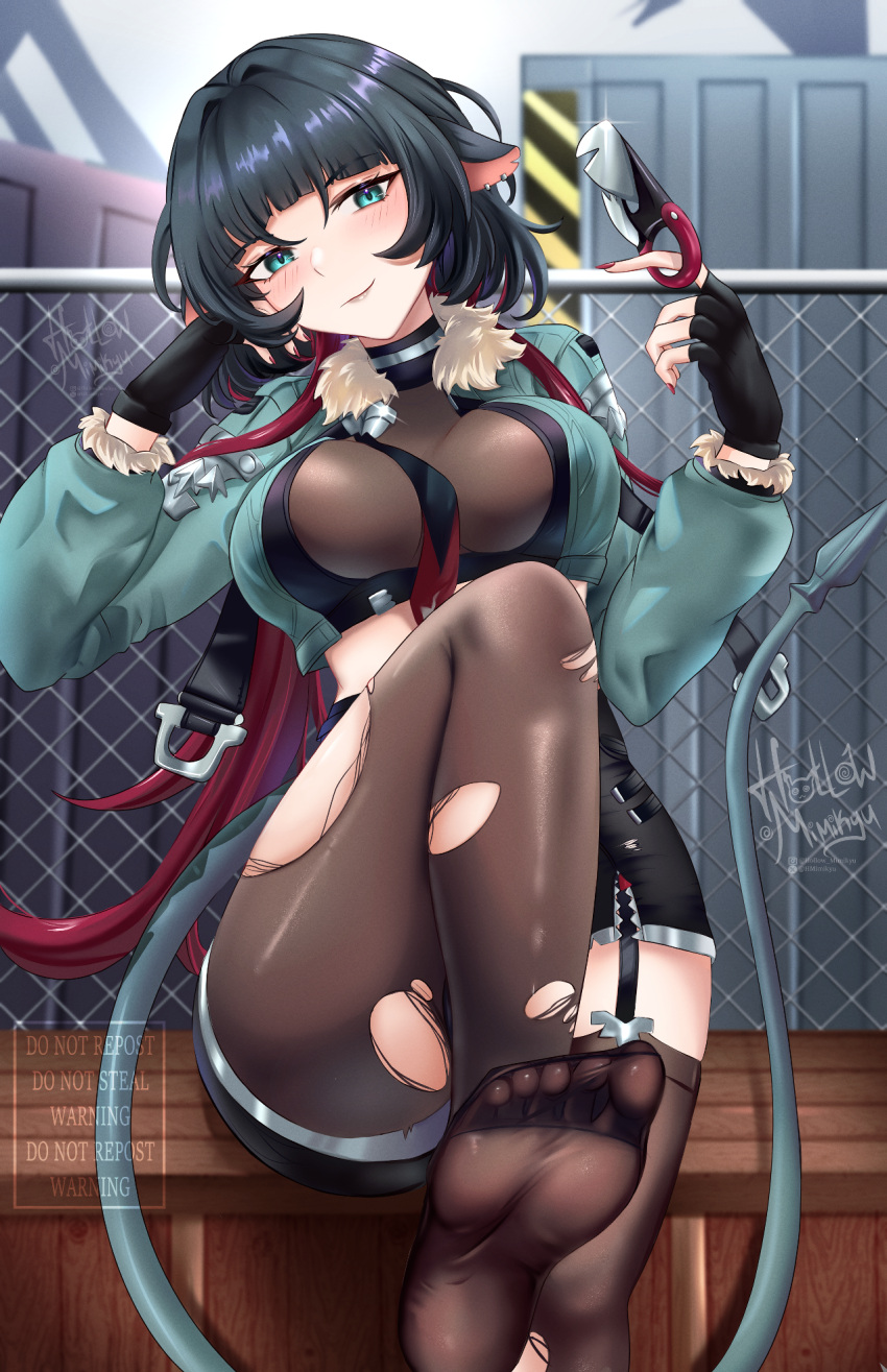 animal_ears aqua_eyes aqua_jacket black_gloves black_hair breasts female fingerless_gloves gloves highres holding holding_weapon hollow_mimikyu jacket jane_doe_(zenless_zone_zero) large_breasts long_hair long_sleeves looking_at_viewer mouse_ears multicolored_hair no_shoes pantyhose red_hair single_leg_pantyhose single_thighhigh sitting smile solo thighhighs torn_clothes torn_pantyhose two-tone_hair very_long_hair weapon zenless_zone_zero