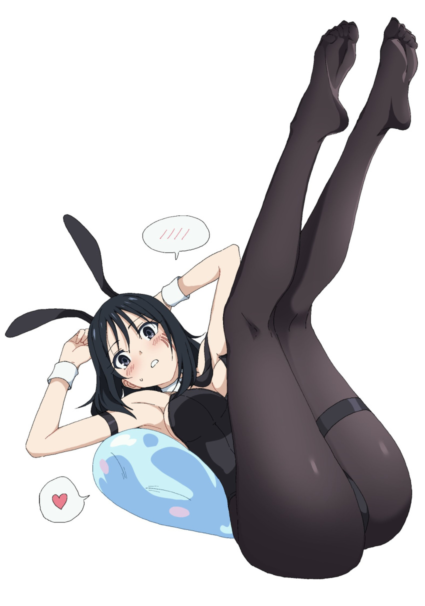 1other animal_ears arm_strap armpits ass black_eyes black_hair black_leotard blush blush_stickers breasts closed_eyes commentary_request facial_mark fake_animal_ears feet female hair_between_eyes heart highres izawa_shizue kneepits large_breasts leotard long_hair looking_at_viewer lying momomatang no_shoes on_back pantyhose parted_lips playboy_bunny rabbit_ears rimuru_tempest_(slime) simple_background slime_(creature) small_sweatdrop soles speech_bubble spoken_blush spoken_heart strapless strapless_leotard tensei_shitara_slime_datta_ken thighs toes white_background white_wrist_cuffs wrist_cuffs