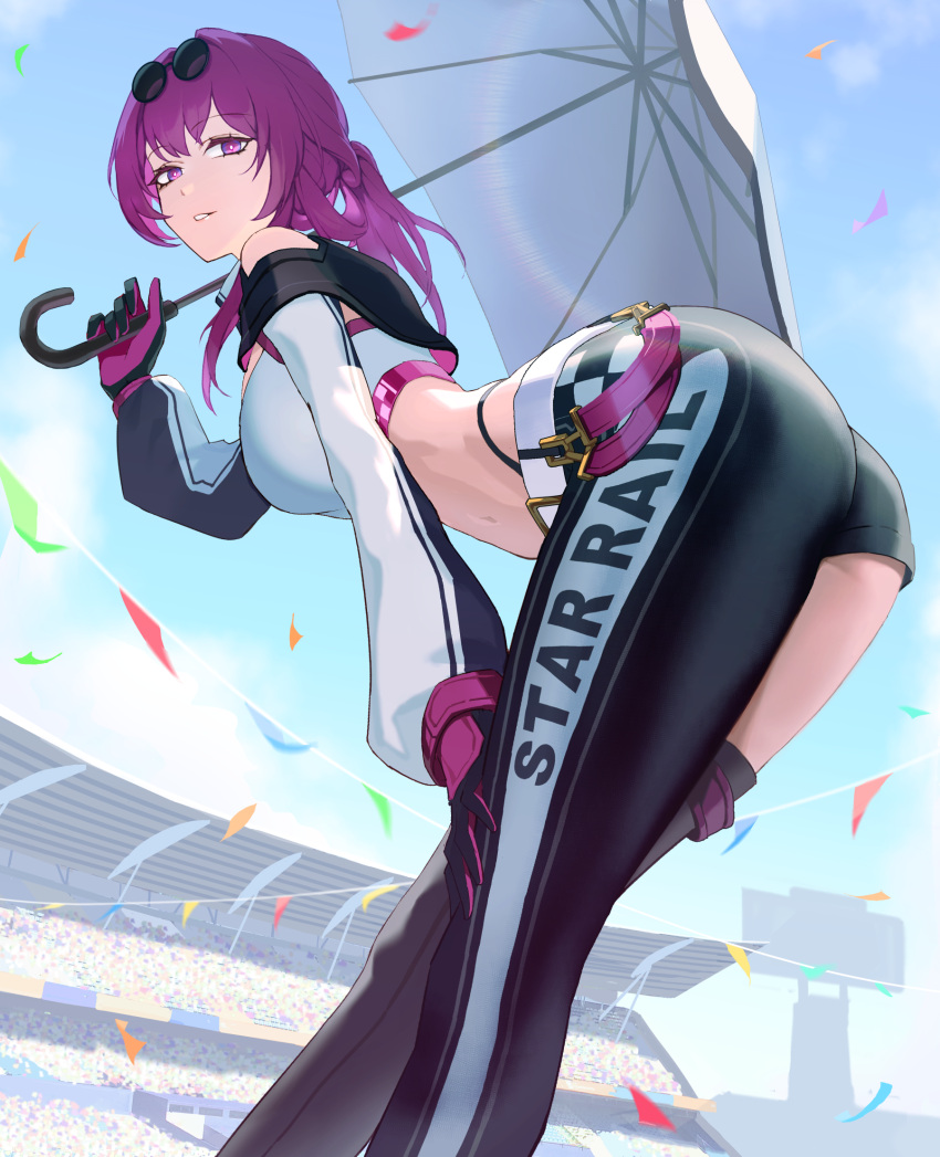 artist_request ass asymmetrical_legwear bad_link bent_over detached_leggings drawfag eyewear_on_head female glasses gloves highres honkai:_star_rail honkai_(series) kafka_(honkai:_star_rail) long_hair looking_at_viewer looking_back parted_lips purple_eyes purple_hair race_queen racetrack round_eyewear smile solo thong umbrella