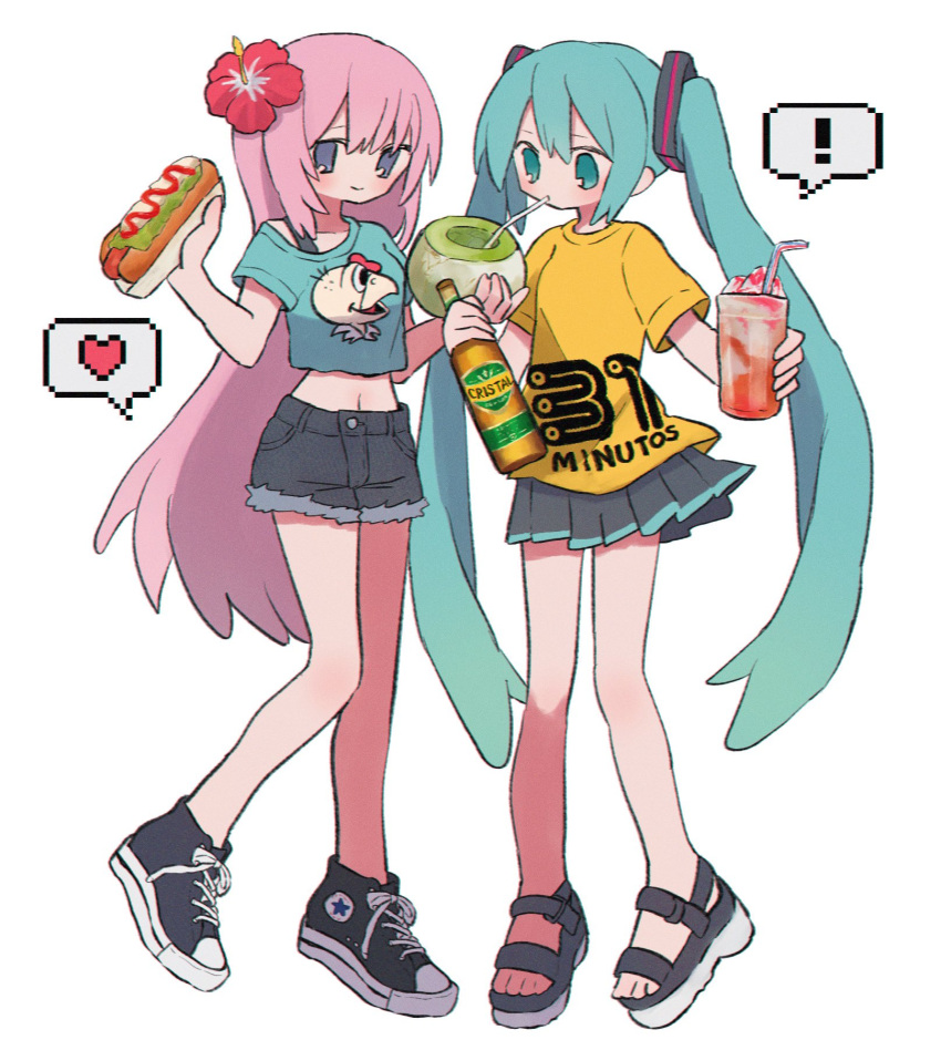 ! 2girls 31_minutos alcohol aqua_eyes aqua_hair aqua_shirt bare_legs beer black_footwear blue_eyes bottle cerveza_cristal character_print condorito condorito_(character) crop_top cup denim denim_shorts drink drinking drinking_straw flower food fruit grey_skirt hair_between_eyes hair_flower hair_ornament hatsune_miku heart hibiscus highres holding holding_bottle holding_cup holding_drink holding_food holding_fruit hot_dog ice_cream jeans logo_print long_hair megurine_luka melon midriff multiple_girls navel pants pink_hair pixelated pleated_skirt red_flower ri_(qrcode) sandals shirt shoes shorts sidelocks skirt sneakers spoken_exclamation_mark spoken_heart sports_sandals t-shirt torn_clothes torn_jeans torn_pants twintails very_long_hair vocaloid yellow_shirt