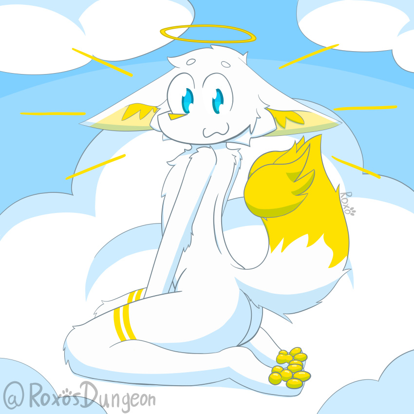 absurd_res angelic anthro ass blue_eyes canid canine cloud fennec_fox floating_wings fox fur halo hi_res kneeling looking_at_viewer male mammal nude on_cloud pawpads paws roxo_(artist) seiza side_view sitting solo tail true_fox white_body white_fur wings yellow_nose yellow_pawpads