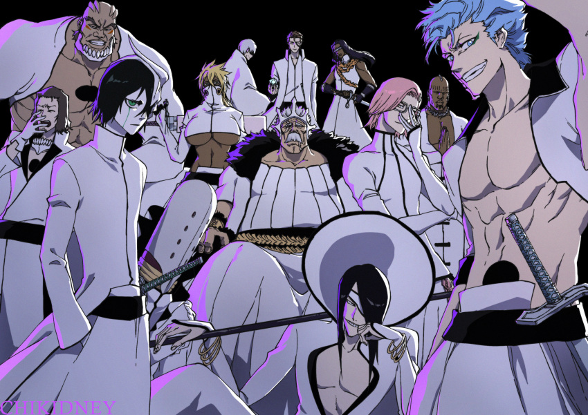 6+boys aaroniero_arruruerie abs absurdres adjusting_eyewear aizen_sousuke arrancar artist_name baraggan_louisenbairn black_background black_hair bleach bleach:_sennen_kessen-hen blonde_hair blue_eyes blue_hair bracelet breasts brown_hair chikidney chinese_commentary closed_eyes colored_skin commentary coyote_starrk dark-skinned_female dark-skinned_male dark_skin everyone evil_grin evil_smile expressionless eyepatch facial_hair facial_mark female glasses gloves green_eyes grey_hair grimmjow_jaegerjaquez grin hair_between_eyes hand_in_pocket hand_up highres hole_in_chest hole_in_stomach hole_on_body ichimaru_gin jewelry katana large_breasts long_hair long_sleeves looking_at_viewer male_focus mask medium_hair mixed-language_commentary moustache multiple_boys muscular muscular_male nnoitra_gilga nose official_style old old_man open_clothes open_shirt own_hands_clasped own_hands_together pink_hair praying shirt short_hair simple_background smile smug spiked_hair straight_hair sword szayelaporro_granz thick_eyebrows tier_harribel tousen_kaname ulquiorra_cifer underboob v-shaped_eyebrows weapon white-framed_eyewear white_gloves white_shirt white_skin yammy_llargo yawning zommari_rureaux