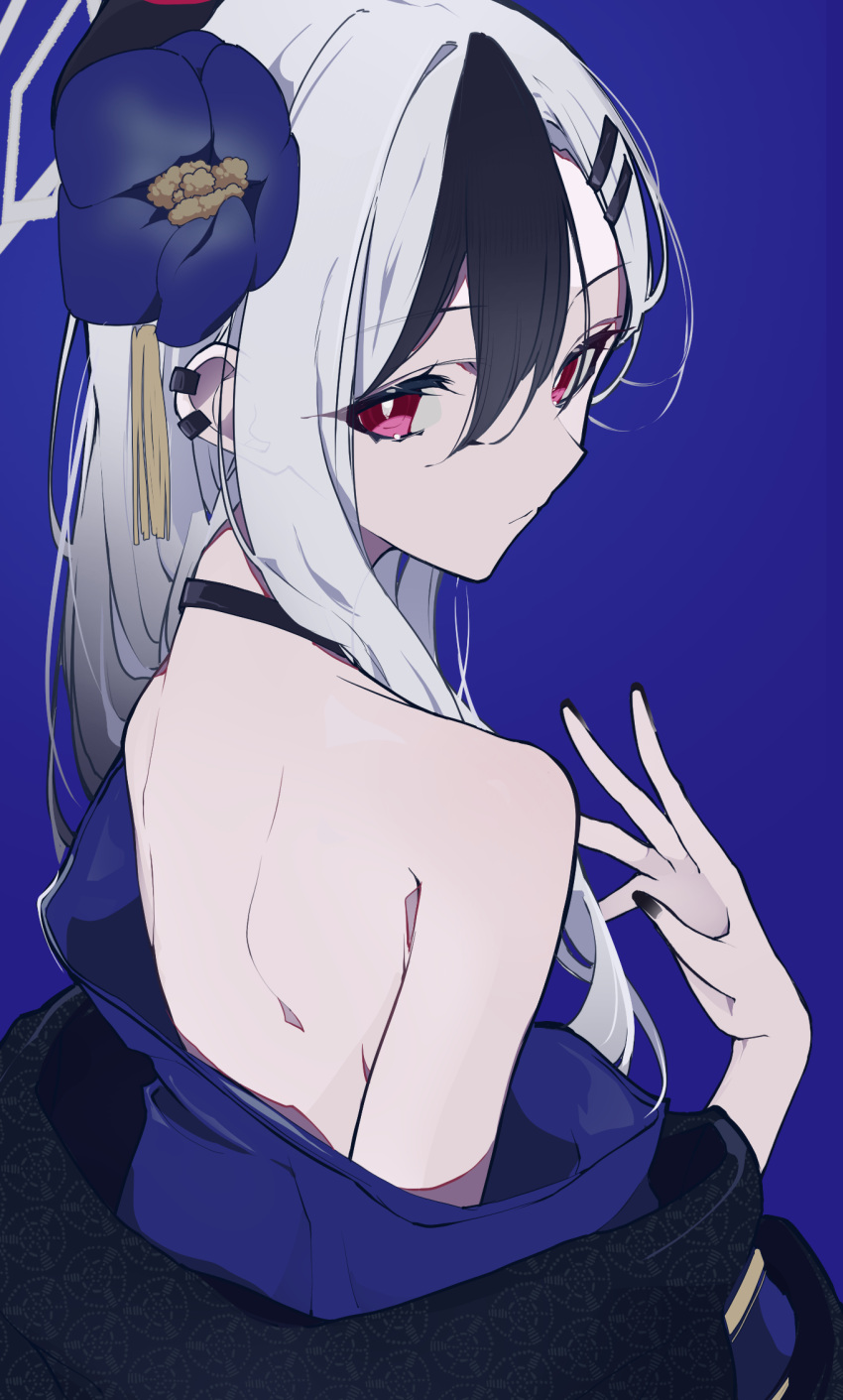 back bare_shoulders black_choker black_hair black_nails blue_archive blue_background blue_flower bright_pupils choker closed_mouth ear_piercing female fingernails flower from_behind from_side hair_flower hair_ornament hair_over_shoulder hairclip haku_(yanhaku) halo hand_up highres kayoko_(blue_archive) kayoko_(new_year)_(blue_archive) long_hair looking_at_viewer looking_back multicolored_hair off_shoulder piercing pink_eyes red_eyes shy sidelocks simple_background solo two-tone_hair upper_body white_hair white_pupils