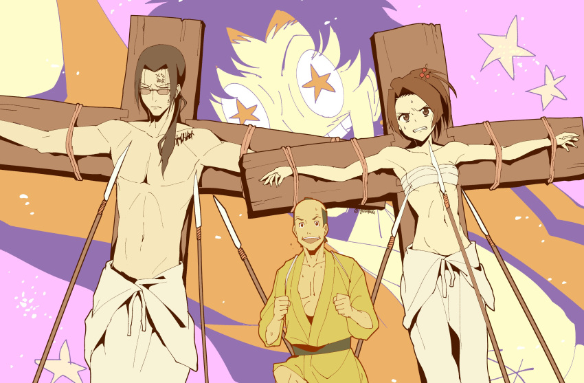 +_+ 3boys absurdres anger_vein bandaged_chest bare_arms bare_shoulders breasts brown_eyes character_request cleavage clenched_teeth closed_eyes cross crucifixion female furrowed_brow fuu_(samurai_champloo) glasses grin hair_ornament hair_over_shoulder hair_stick highres igusaharu japanese_clothes jinnosuke long_hair medium_breasts medium_hair midriff mugen_(samurai_champloo) multiple_boys navel parted_bangs polearm ponytail purple_background samurai_champloo short_hair skirt smile spear sweatdrop teeth topless_male twitter_username underboob weapon white_skirt