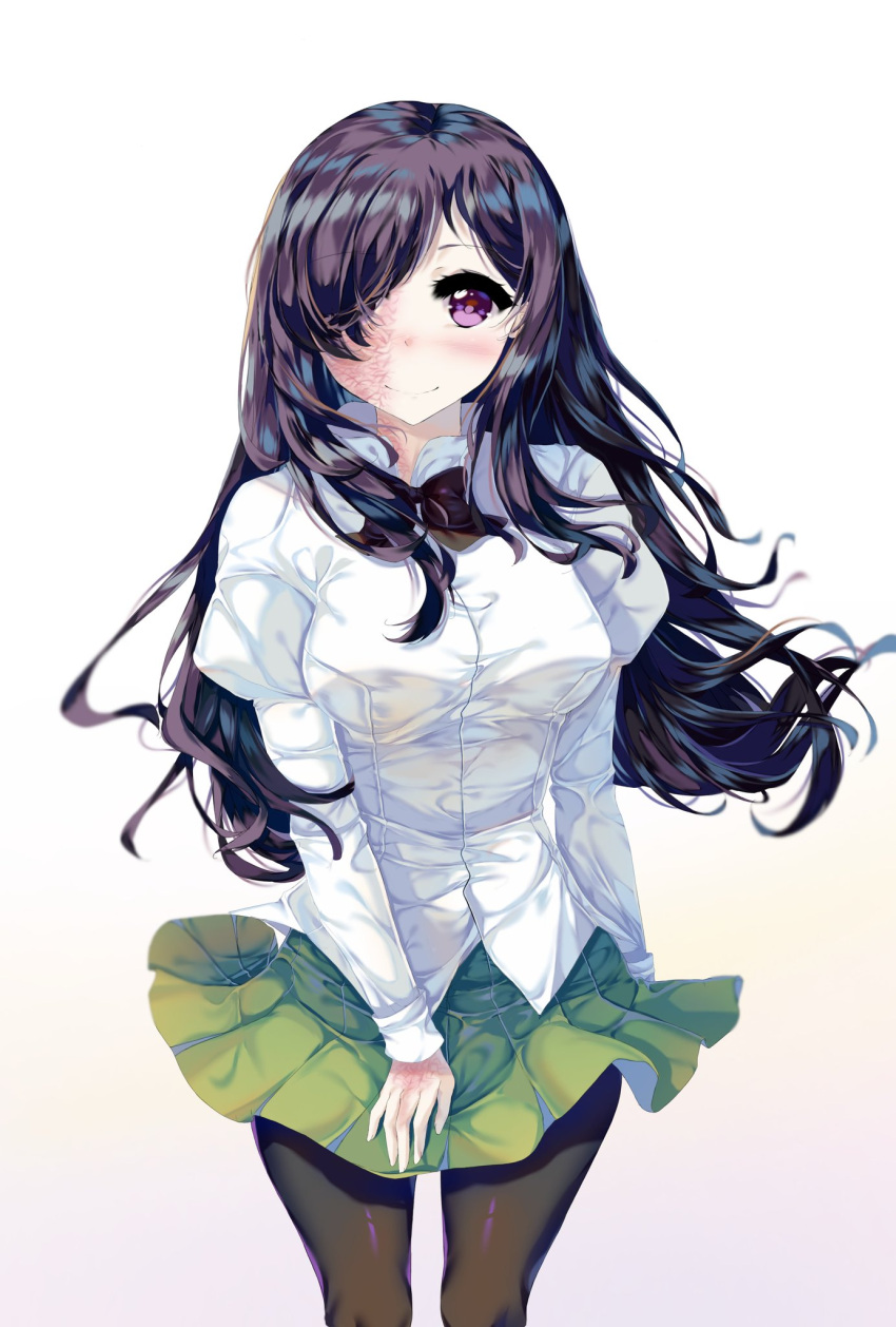 airy45525312 black_hair black_ribbon blush bow bowtie breasts burn_scar closed_mouth collared_shirt dress_shirt english_commentary female green_skirt hair_between_eyes hair_over_one_eye highres ikezawa_hanako katawa_shoujo long_hair long_sleeves looking_at_viewer medium_breasts pantyhose pleated_skirt purple_eyes ribbon scar scar_on_face scar_on_hand school_uniform shirt simple_background skirt skirt_hold skirt_tug smile solo standing very_long_hair white_background white_shirt wind wind_lift