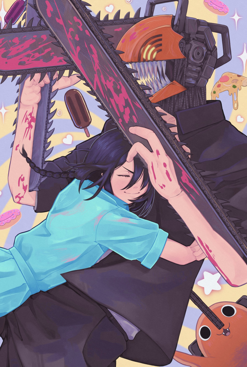 1boy absurdres black_hair blood blood_on_hands blue_dress braid chainsaw_man closed_eyes closed_mouth creature dakaeya denji_(chainsaw_man) doughnut dress female food furrowed_brow hair_between_eyes highres hug ice_cream_bar long_hair nayuta_(chainsaw_man) pizza pochita_(chainsaw_man) puffy_short_sleeves puffy_sleeves sharp_teeth short_sleeves side_braid smile sparkle star_(symbol) teeth upper_body