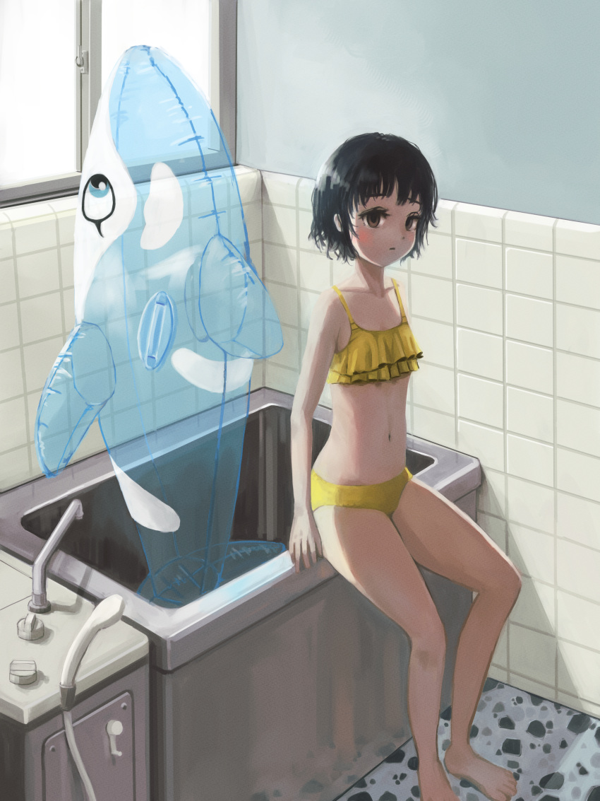 absurdres bathtub bikini black_hair breasts brown_eyes female highres indoors inflatable_dolphin inflatable_toy looking_at_viewer navel okura_lino original restroom short_hair sitting small_breasts solo swimsuit window yellow_bikini