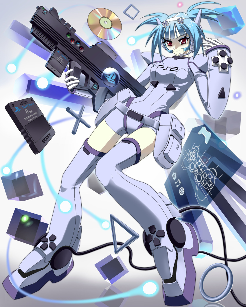 absurdres blue_hair boots breasts cd commentary cube cyber_fashion english_commentary ezhodan female full_body game_console gun highres holding holding_gun holding_weapon huge_weapon medium_hair memory_card misaki_(ezhodan) original playstation_2 red_eyes short_twintails solo sony thigh_boots twintails weapon y2k_fashion