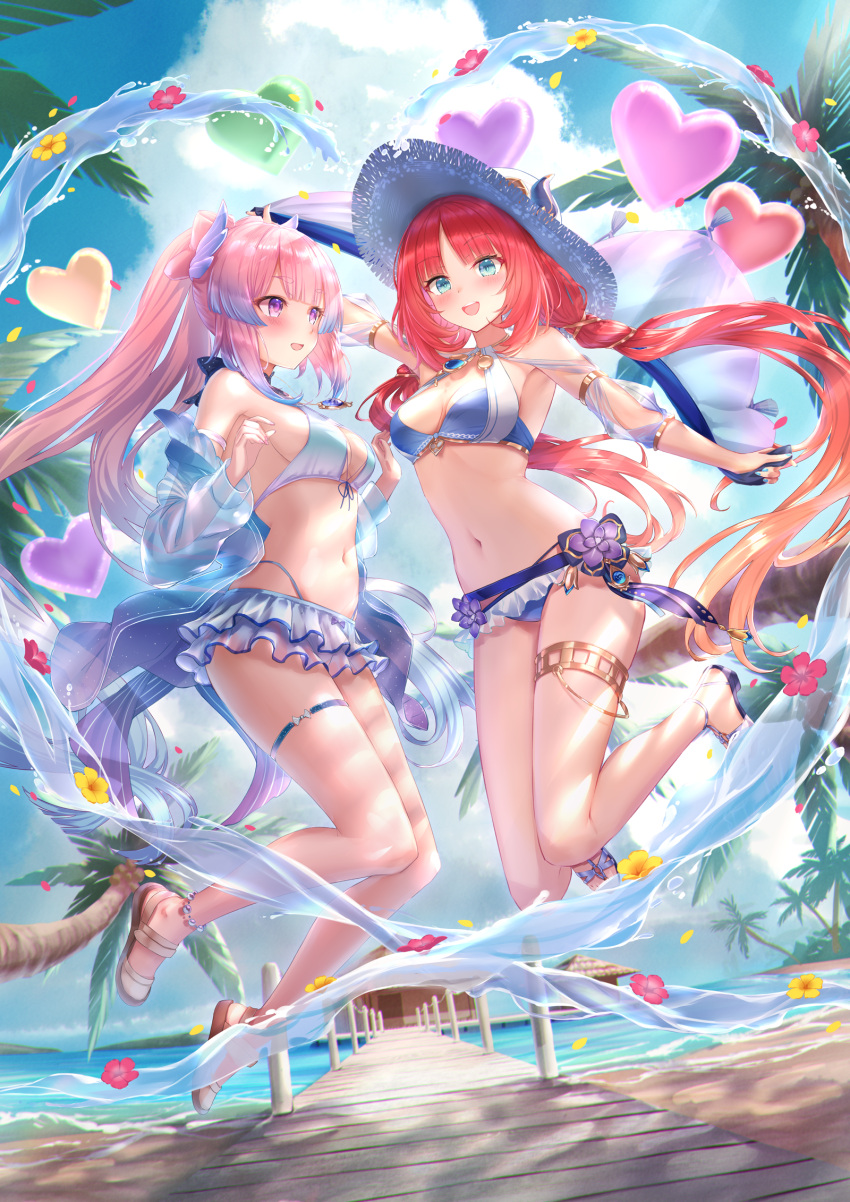 2girls alternate_costume bare_shoulders bikini blue_bikini blue_hair breasts cleavage cloud cloudy_sky colored_tips full_body genshin_impact gold_thighlet hat highres jacket jumping kachayori long_hair long_sleeves looking_at_another looking_at_viewer low_twintails multicolored_hair multiple_girls navel nilou_(genshin_impact) open_clothes open_jacket open_mouth outdoors pink_hair red_hair sandals sangonomiya_kokomi see-through see-through_jacket skirt sky smile stomach swimsuit thigh_strap twintails