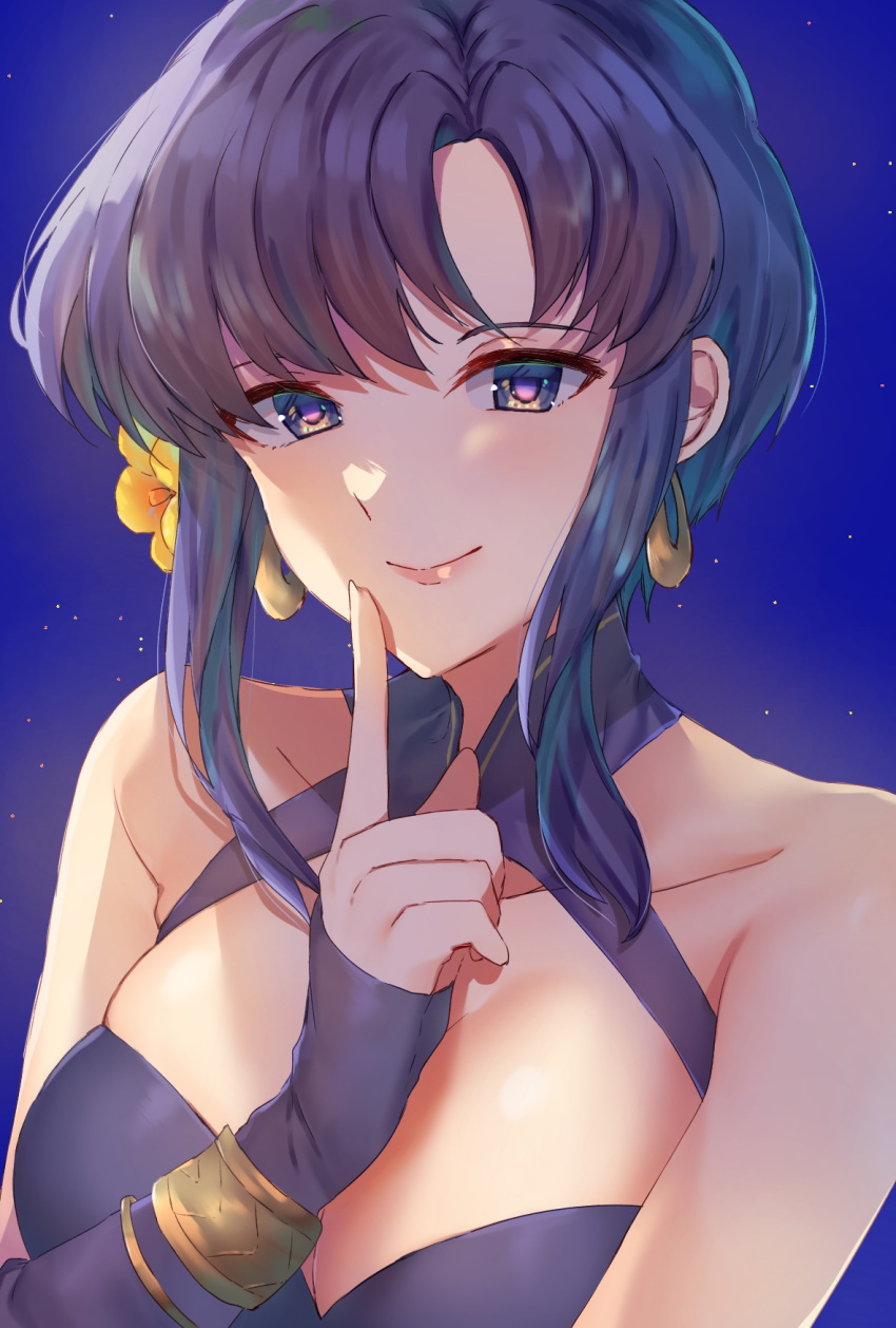 bikini blue_bikini blue_eyes blue_hair breasts cleavage earrings edamameoka female finger_to_mouth fire_emblem fire_emblem:_the_blazing_blade fire_emblem_heroes flower hair_flower hair_ornament highres jewelry large_breasts looking_at_viewer official_alternate_costume short_hair smile solo swimsuit upper_body ursula_(fire_emblem) ursula_(summer)_(fire_emblem)