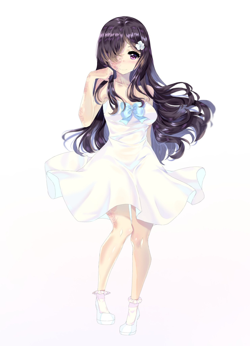 airy45525312 arm_behind_back bare_arms bare_legs bare_shoulders black_hair blush breasts burn_scar cleavage closed_mouth collarbone dress english_commentary female flower full_body hair_flower hair_ornament hair_over_one_eye hairclip hand_in_own_hair highres ikezawa_hanako katawa_shoujo long_hair looking_at_viewer purple_eyes scar scar_on_arm scar_on_face scar_on_leg shoes sidelocks simple_background sleeveless sleeveless_dress smile socks solo standing sundress very_long_hair white_background white_dress white_footwear