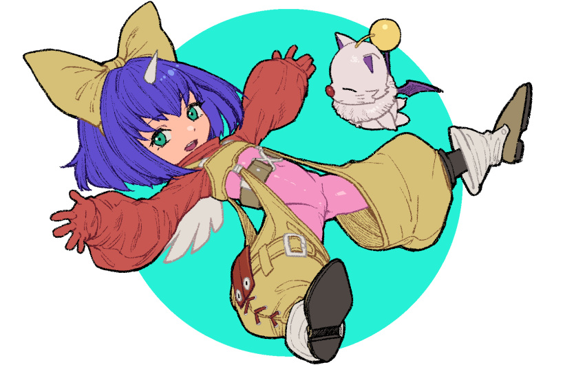 blue_hair bodysuit bodysuit_under_clothes boots commentary_request creature eiko_carol female final_fantasy final_fantasy_ix flat_chest full_body green_eyes highres looking_at_viewer moogle open_mouth outstretched_arms pastime774 pink_bodysuit short_hair smile spread_arms spread_legs yellow_overalls