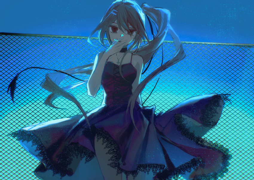 absurdres bare_shoulders black_choker black_dress chain-link_fence choker cigarette cowboy_shot dress female fence floating_hair hand_up hashtag-only_commentary highres holding holding_cigarette kisaragi_makura lace-trimmed_dress lace_trim long_hair looking_at_viewer minakami_yuki outdoors side_ponytail sleeveless sleeveless_dress smoking solo standing subarashiki_hibi