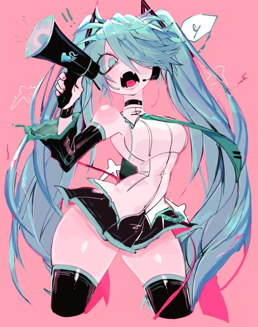 angry aqua_eyes aqua_hair detached_sleeves female gloves green_hair hair_ornament hatsune_miku headphones highres holding koi_wa_sensou_(vocaloid) long_hair megaphone necktie open_mouth pantyhose shirt skirt solo supercell_(band) thighhighs twintails usa37107692 very_long_hair vocaloid