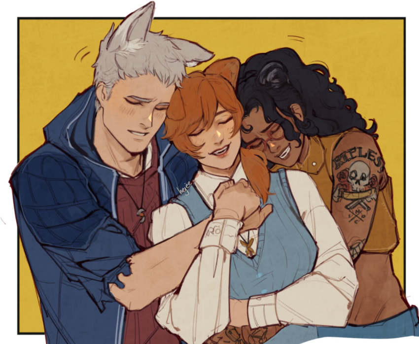 1boy 2girls arm_tattoo black_hair blue_jacket blush boy_and_girl_sandwich brown_hair closed_eyes dark-skinned_female dark_skin devil_may_cry_(series) devil_may_cry_5 glasses grey_hair group_hug hair_over_shoulder hejee highres hug jacket jewelry kyrie_(devil_may_cry) multiple_girls necklace nero_(devil_may_cry) nico_(devil_may_cry) sandwiched smile tattoo