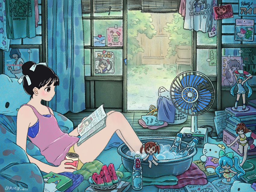 black_hair bottle character_doll commentary copyright_request door electric_fan female figure food fruit hatsune_miku hello_kitty hello_kitty_(character) ice indoors original otaku otaku_room ramune ring_411 sanrio sitting solo summer vocaloid watermelon