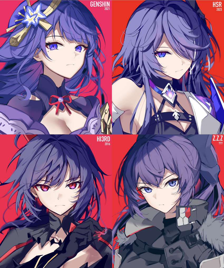 4girls absurdres acheron_(honkai:_star_rail) armor bandaged_arm bandages black_choker black_gloves black_shirt black_shrug breasts choker cleavage closed_mouth commentary_request company_connection criss-cross_halter dan_(zenless_zone_zero) dated earrings genshin_impact gloves hair_ornament hair_over_one_eye halterneck hand_up highres honkai:_star_rail honkai_(series) honkai_impact_3rd in-franchise_crossover jewelry long_hair look-alike looking_at_viewer medium_breasts mihoyo mole mole_under_eye multicolored_hair multiple_girls name_connection official_alternate_costume portrait purple_eyes purple_hair raiden_mei raiden_mei_(danzai_spectramancer) raiden_shogun red_background red_eyes sawashiro_miyuki shirt shoulder_armor single_bare_shoulder sparks_summer streaked_hair very_long_hair voice_actor_connection zenless_zone_zero