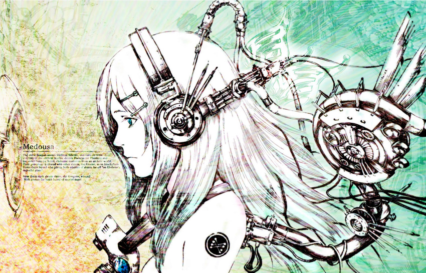 blue_eyes bodysuit cable commentary_request cyborg dal-segno english_text female from_side gas_mask hair_ornament hairpin headphones limited_palette long_hair looking_to_the_side mask mechanical_parts mixed-language_commentary multiple_hairpins original profile solo